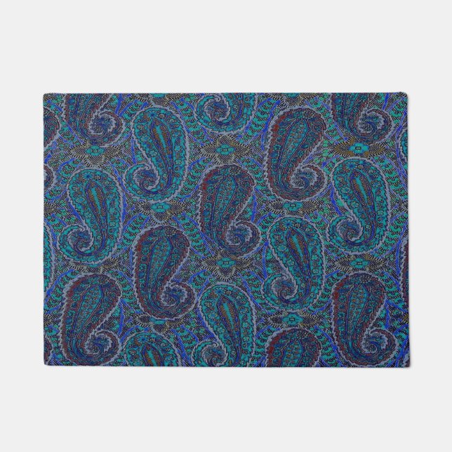 Felpudo Patrón de arte del Boho indio azul Paisley (Anverso)