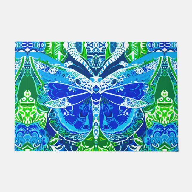 Felpudo Patrón de batik de mariposa y medallón en azul (Anverso)