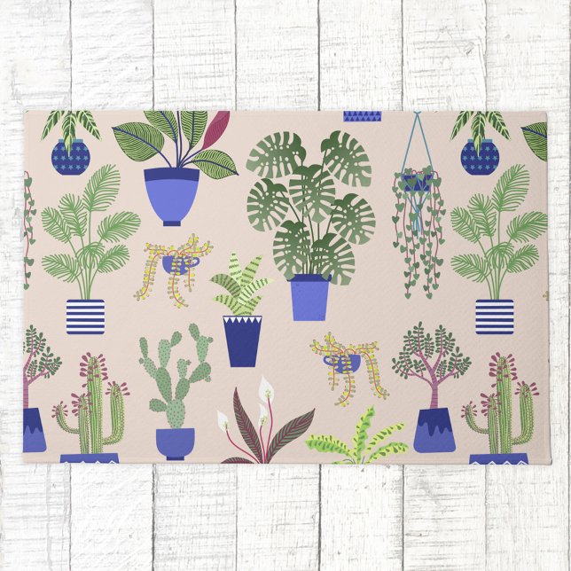 Felpudo Patrón de Cactus Succulent (Cactus succlent houseplant blush pink, blue and green botanical art door mat)