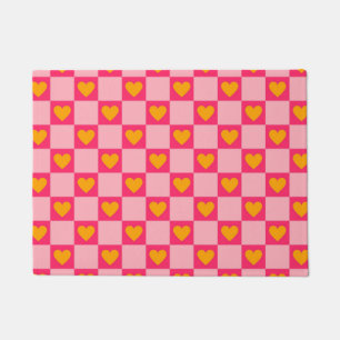 Felpudo Patrón de corazones a cuadros rosa rojo amarillo a
