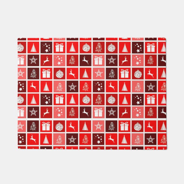 Felpudo Patrón de cuadrícula de Navidad roja moderna minim (Anverso)