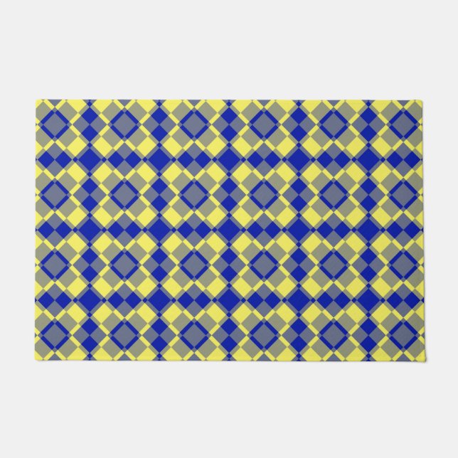 Felpudo Patrón de cuadros Argyle azul amarillo (Anverso)