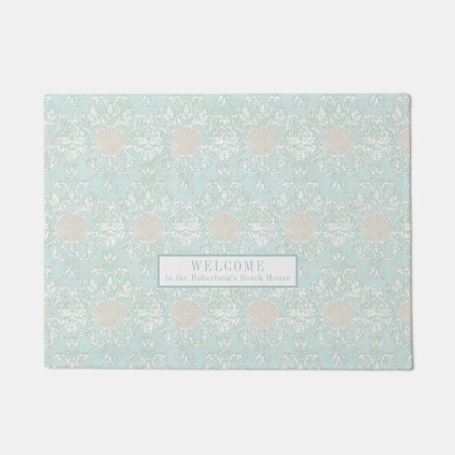 Felpudo Patrón de damasco blanco azul marino de la playa d (Anverso)