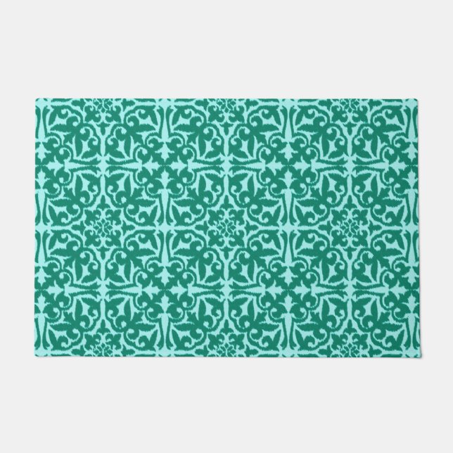 Felpudo Patrón de Damasco de Ikat, Turquesa y Aqua (Anverso)