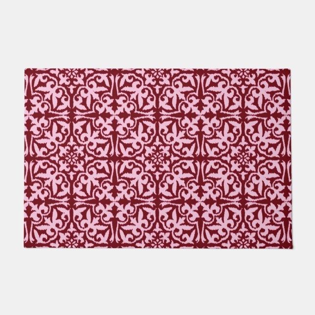 Felpudo Patrón de Damasco Ikat, Burdeos y Rosa (Anverso)