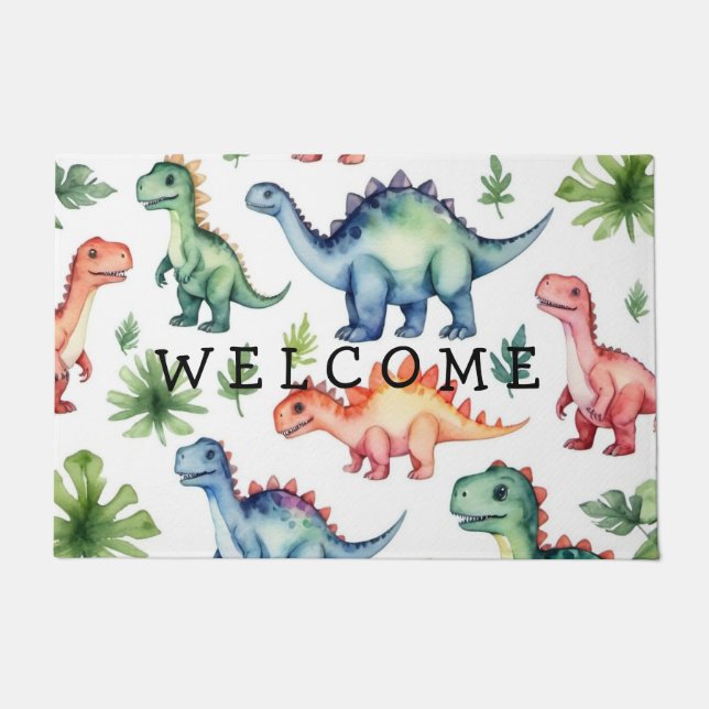 Felpudo Patrón de dinosaurios de acuarela personalizada de (Anverso)