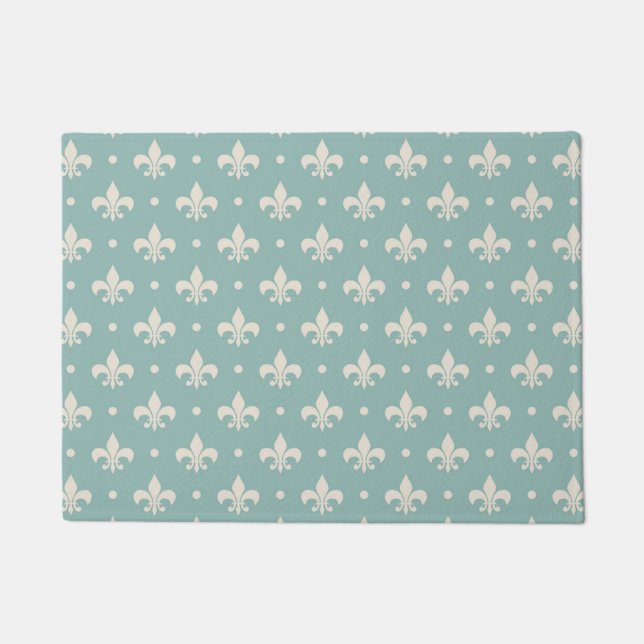 Felpudo Patrón de Fleur De Lis gris sobre fondo turquesa (Anverso)