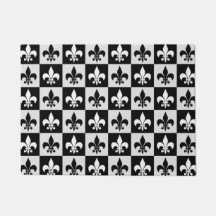Felpudo Patrón de flor blanco negro controlado-De-Lis