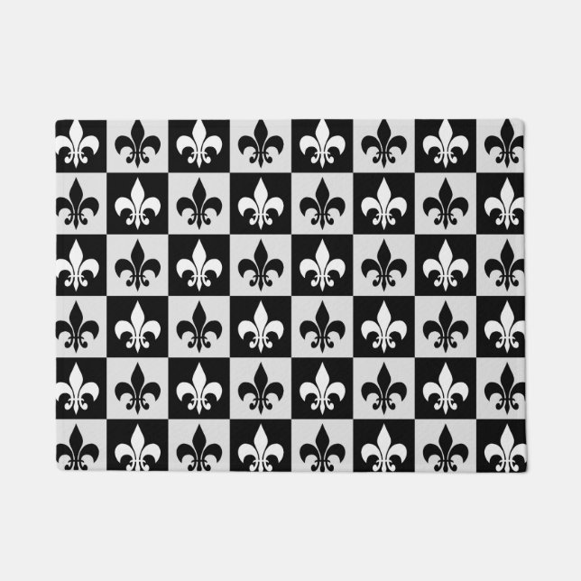 Felpudo Patrón de flor blanco negro controlado-De-Lis (Anverso)