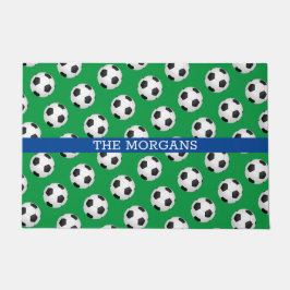 Felpudo Patrón de fútbol, nombre blanco, azul y verde