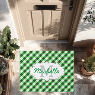 Felpudo Patrón de Gingham Verde Elegante con Nombre Person