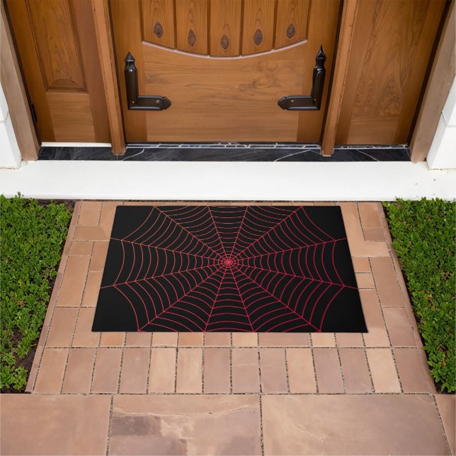 Felpudo Patrón de Halloween en la telaraña roja negra (Exterior)