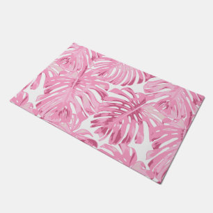 Felpudo Patrón de hojas de jungla rosada pastel Tropical
