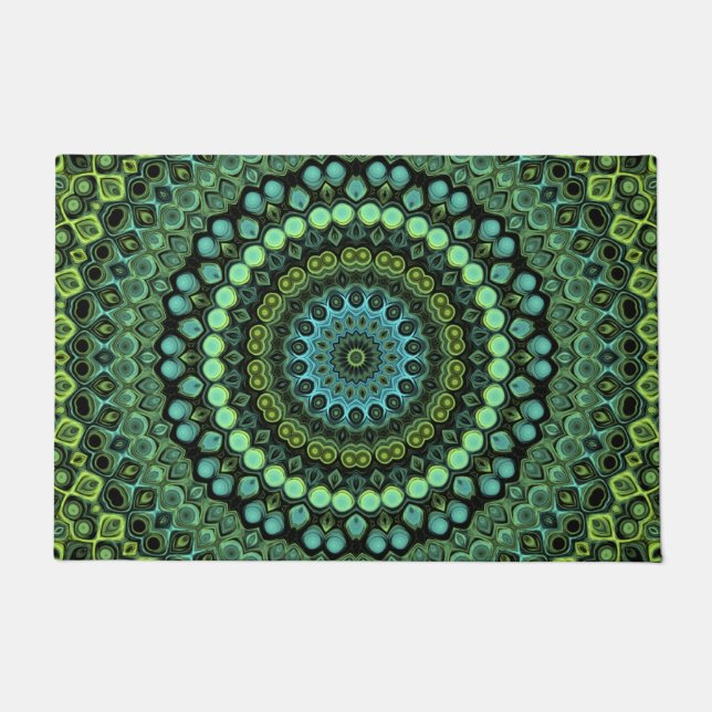 Felpudo Patrón de Mandala en Caleidoscopio Verde y Turques (Anverso)