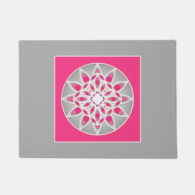 Felpudo Patrón de Mandala en fucsia rosa, blanco y gris (Anverso)