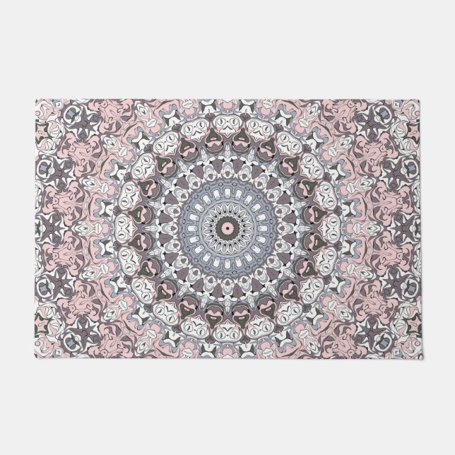 Felpudo Patrón de Mandala gris rosa y blanco (Anverso)