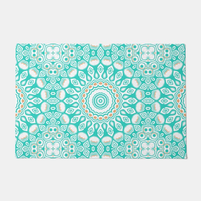 Felpudo Patrón de Mandala Oceánico Turquesa y Beige (Anverso)