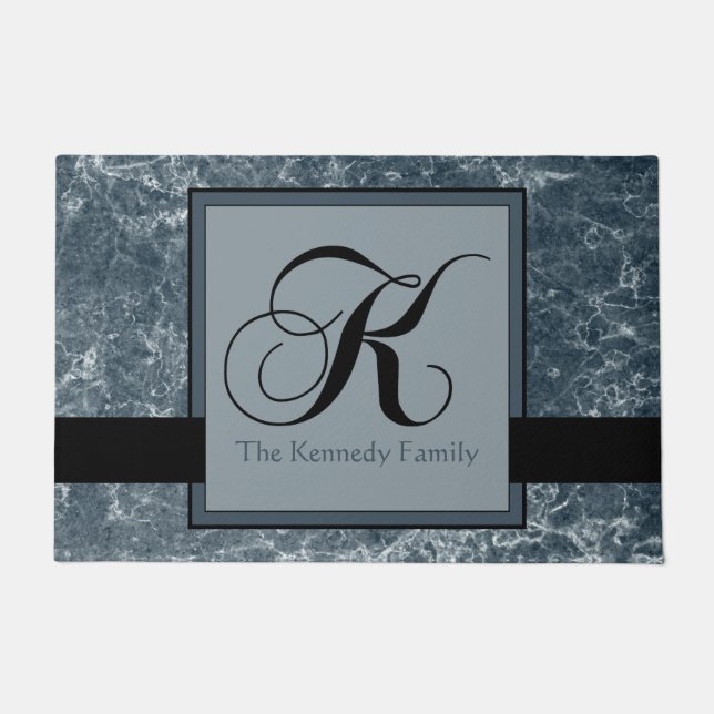 Felpudo Patrón de mármol gris azul Negro Monograma K Añadi (Anverso)