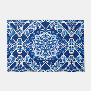 Felpudo Patrón de mosaico en azul índigo y cobalto