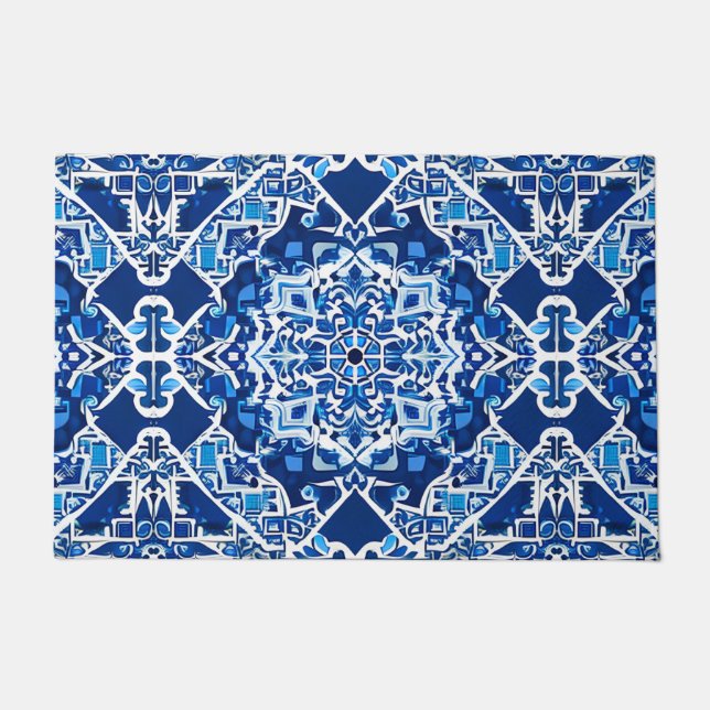 Felpudo Patrón de mosaico en azul índigo y cobalto (Anverso)