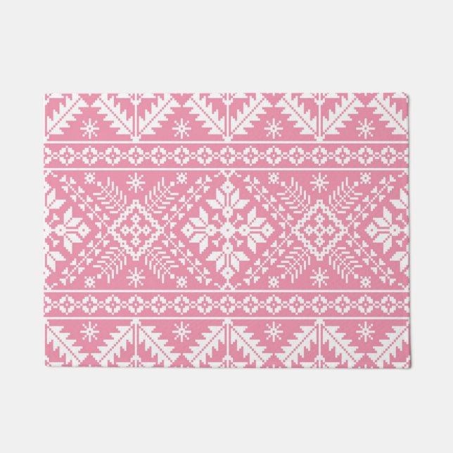 Felpudo Patrón de Navidad Fair Isle rosa claro y blanco (Anverso)
