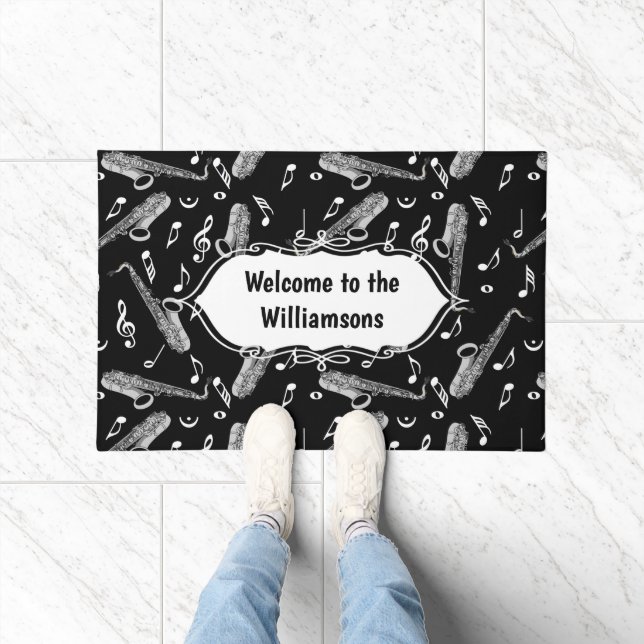 Felpudo Patrón de notas de música saxofónica gris (Interior)