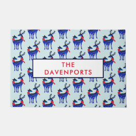 Felpudo Patrón de pares de renos de Navidades nórdicos azu