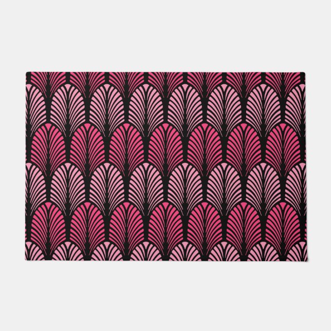 Felpudo Patrón de plumas Art Déco, rosa y negro de Fuchsia (Anverso)
