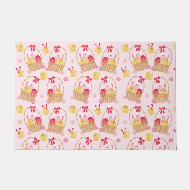 Felpudo Patrón de pollitos de Pascua rosa (Anverso)