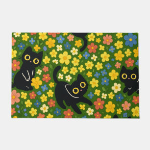 Felpudo Patrón de prado floral con gatos negros lindos
