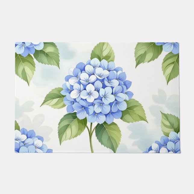 Felpudo Patrón de ramo de hortensias azules pastel (Anverso)