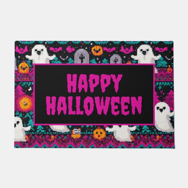 Felpudo Patrón de suéter de Halloween de fantasmas pixelad (Anverso)