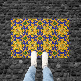 Felpudo Patrón De Tile Español Azul Y Amarillo naranja