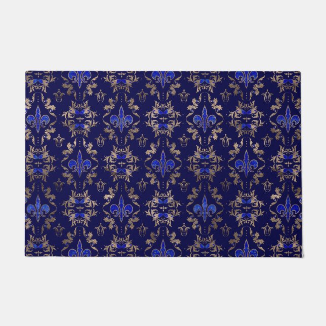 Felpudo Patrón Fleur-de-lis lapis lazuli y oro (Anverso)