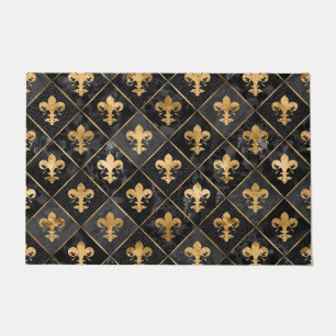 Felpudo Patrón Fleur-de-lis Mármol Negro y Oro