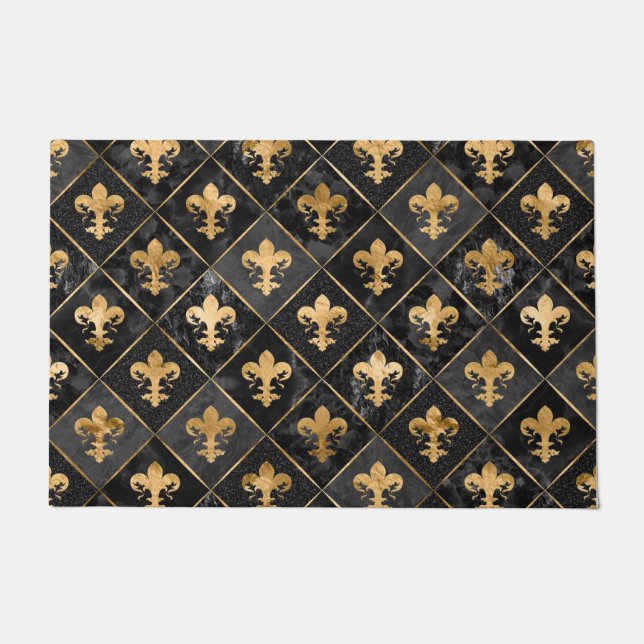 Felpudo Patrón Fleur-de-lis Mármol Negro y Oro (Anverso)