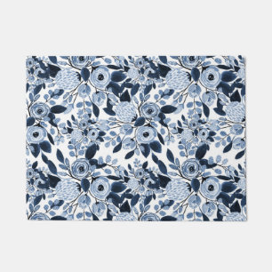 Felpudo Patrón floral de acuarela azul Pastel de Marina