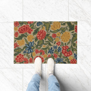 Felpudo Patrón Floral de Crewel Rojo y Dorado Antiguo