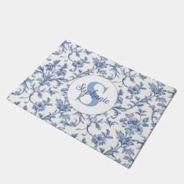 Felpudo Patrón Floral de Toile Francés Azul con Monograma 
