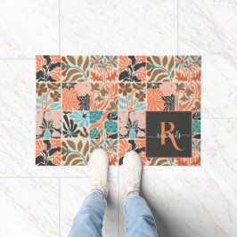 Felpudo Patrón floral retro de guiones de monograma colori