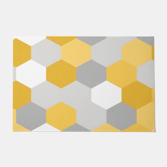 Felpudo Patrón geométrico de hexágono gris amarillo (Anverso)