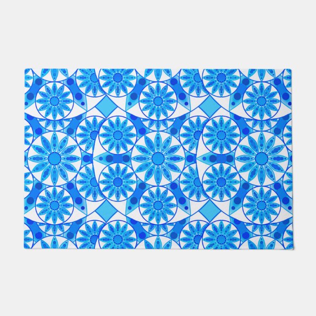 Felpudo Patrón Mandala, azul cobalto, turquesa y blanco (Anverso)