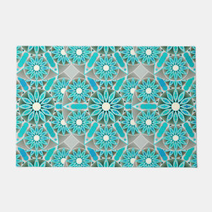 Felpudo Patrón Mandala, turquesa, gris plateado y blanco