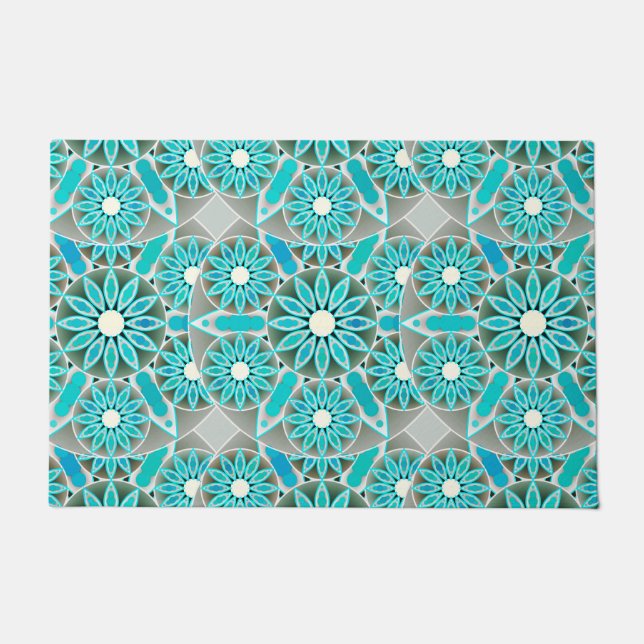 Felpudo Patrón Mandala, turquesa, gris plateado y blanco (Anverso)