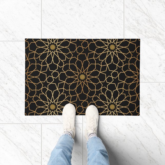 Felpudo Patrón marroquí moderno dorado negro mediterráneo (Interior)