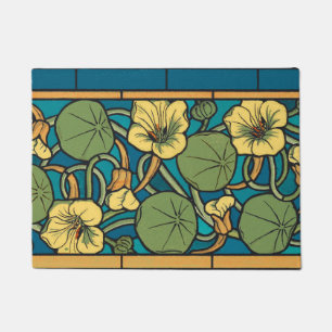 Felpudo Patrón Nouveau de flor de nasturcio amarillo azul