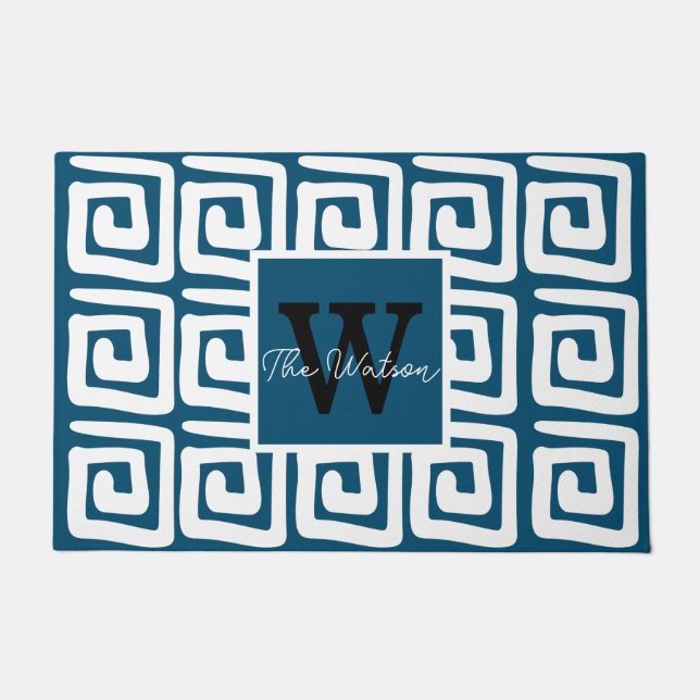 Felpudo Patrón suave azul marino griego clave monograma mo (Anverso)