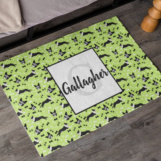 Felpudo Patrón verde de perro de Boston Terriers (Boston Terrier Monogram Doormat in Green)
