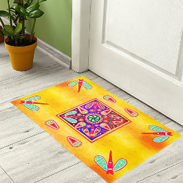 Felpudo Patrones de arte dorado y morado del Huichol mexic