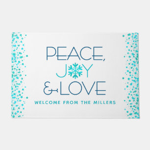 Felpudo Peace Joy Love Holiday Turquoise Snowflake Name